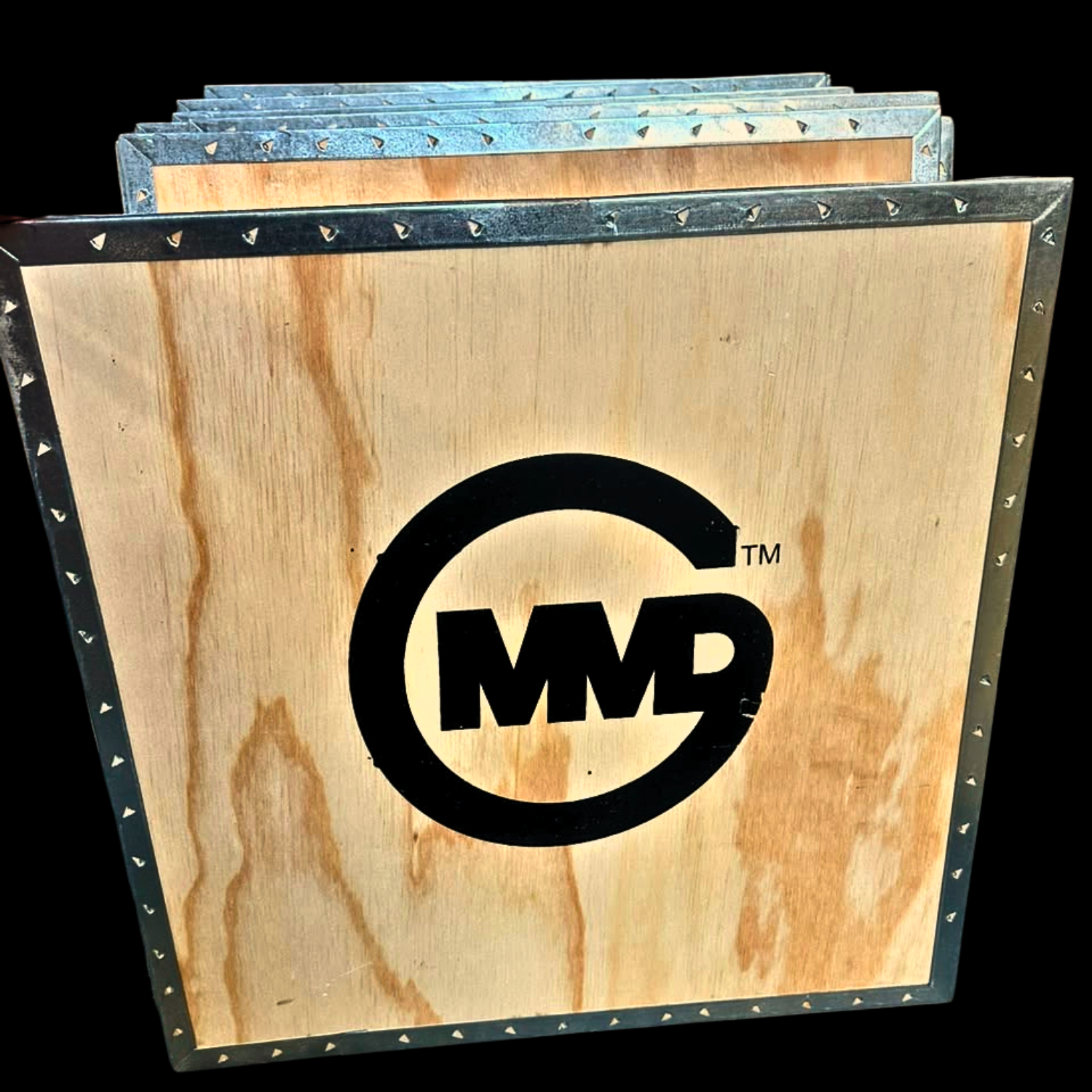 AfriPly custom branded plywood packaging crate with screen-printed mining company branding.