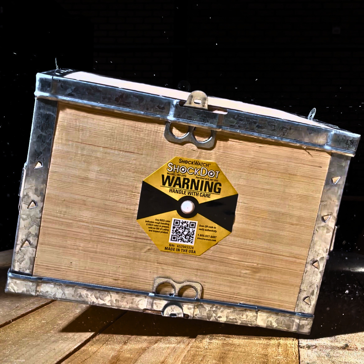 AfriPly industrial packaging fitted with shock and tilt monitors to indicate impact or incorrect handling during transport.